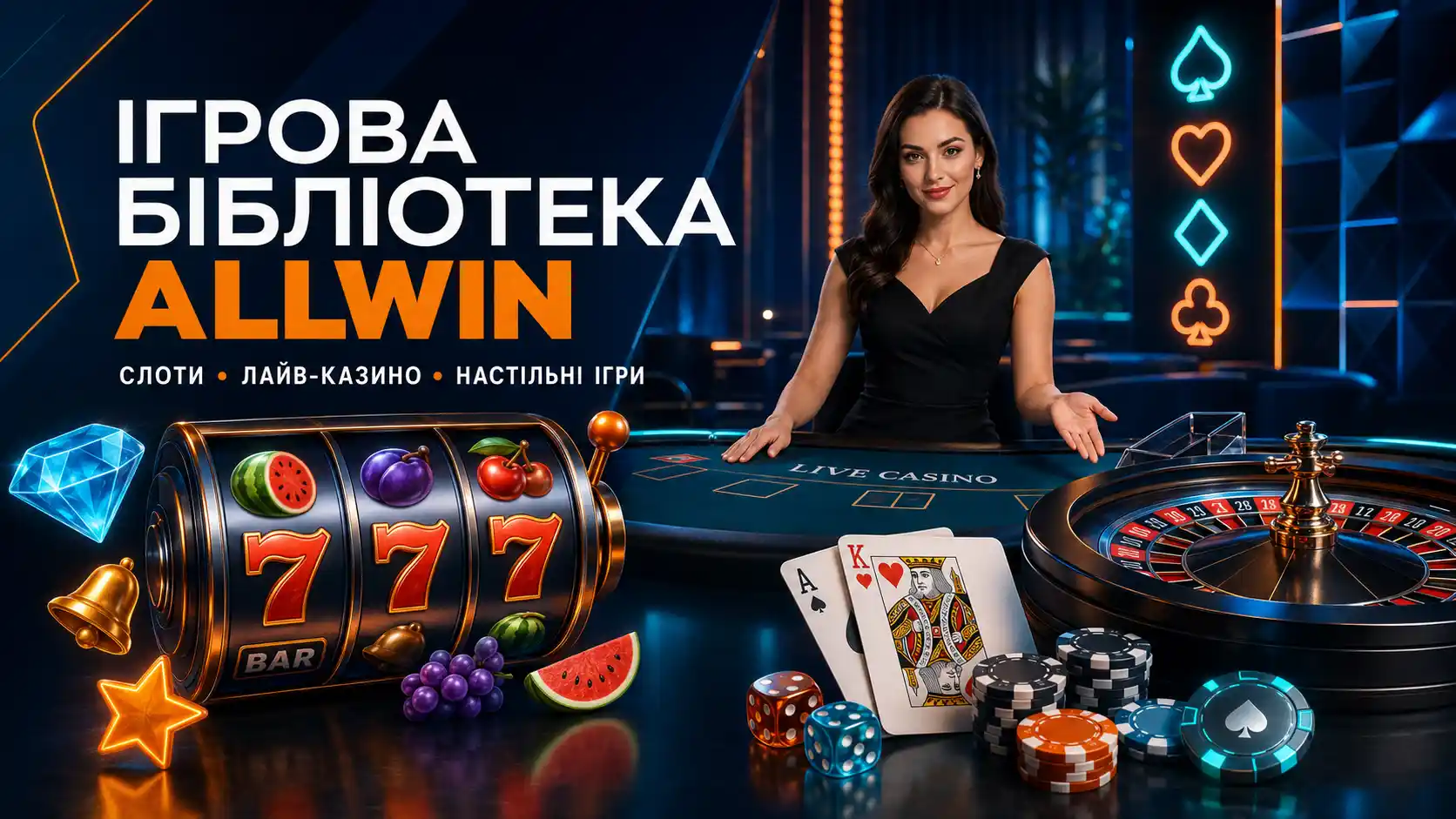Ігровий асортимент Allwin UA — слоти, лайв-казино та настільні ігри
